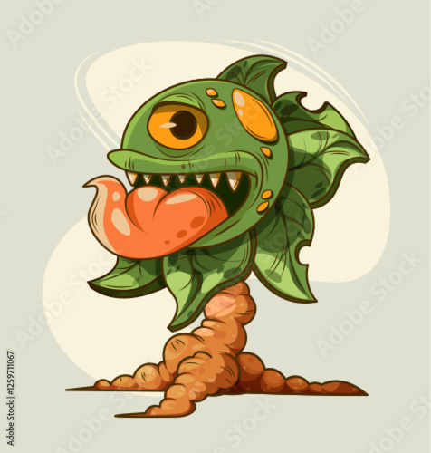 Scary carnivorous plant character with sharp teeth, red tongue and yellow eyes. Predatory floral monster growing from brown roots. Dangerous comic vegetation creature for vintage game asset design.