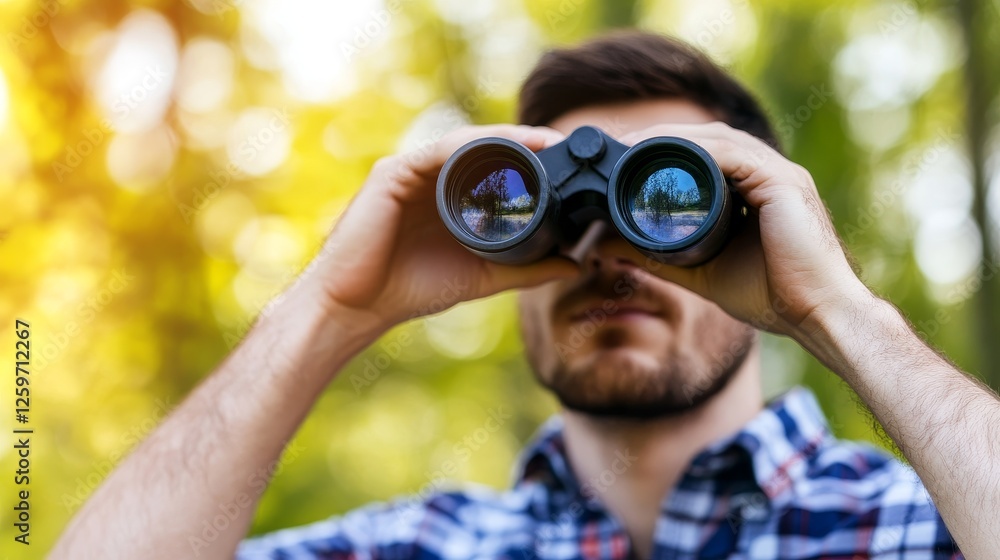 Man using binoculars to observe nature in a vibrant forest during a sunny day, showcasing outdoor exploration Man using binoculars to observe nature in a vibrant forest during a sunny day, showcasing outdoor exploration