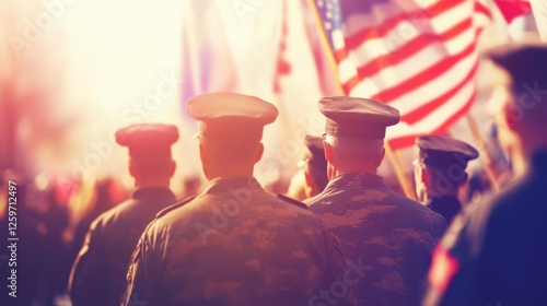 Veterans marching in a parade. Featuring military personnel, national flags, and spectators. Honoring their service and patriotism. Ideal for commemorative and patriotic content.