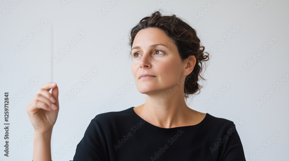mature woman with a focused look is seen in profile, her gaze directed towards the camera in a minimalist white studio setting. The simplicity of the background emphasizes her expr mature woman with a focused look is seen in profile, her gaze directed towards the camera in a minimalist white studio setting. The simplicity of the background emphasizes her expr