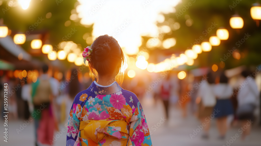 young Japanese woman in a vibrant, multicolored kimono walks down a serene path, her back facing the camera as she heads towards a summer festival. The sunlight filters through, ca young Japanese woman in a vibrant, multicolored kimono walks down a serene path, her back facing the camera as she heads towards a summer festival. The sunlight filters through, ca
