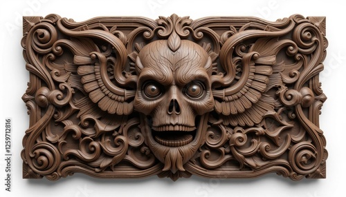 Intricate Carved Skull with Ornate Wings and Flourishes