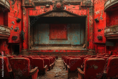 Abandoned movie theater interior slung derelict forsaken outcast photo