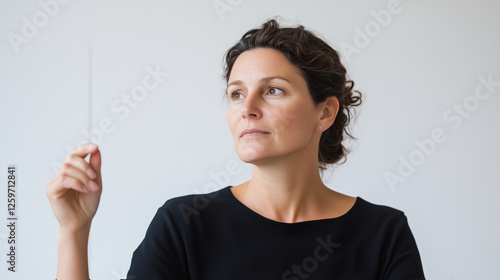 mature woman with a focused look is seen in profile, her gaze directed towards the camera in a minimalist white studio setting. The simplicity of the background emphasizes her expr photo