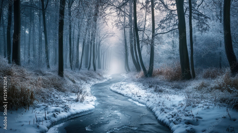 Winter stream flows through snowy forest, misty background; nature scene Winter stream flows through snowy forest, misty background; nature scene