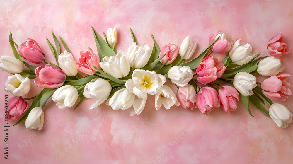 Fototapeta premium A symmetrical arrangement of pink and white tulip flowers with green stems and leaves lies flat on a textured, light pink background.