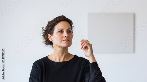 mature woman with a focused look is seen in profile, her gaze directed towards the camera in a minimalist white studio setting. The simplicity of the background emphasizes her expr photo