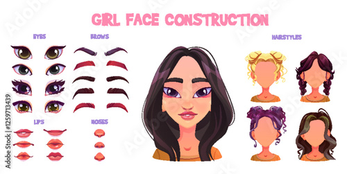 Woman face construction kit with facial elements - expressive eyes in various colors, eyebrow shapes, lip variations, nose options and diverse hairstyle choices for customizable character design.