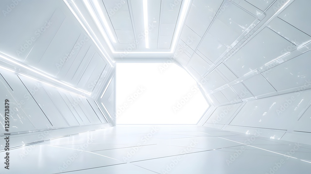 Fototapeta premium Futuristic corridor with white walls and bright doorway