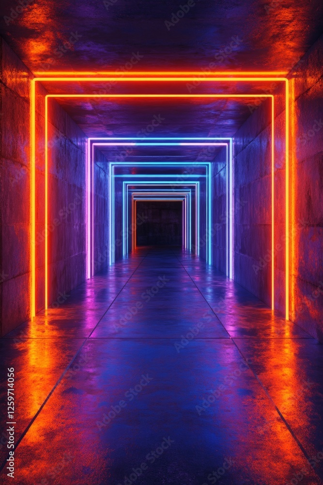 Fototapeta premium Neon Lit Concrete Tunnel With Colorful Glowing Rectangles