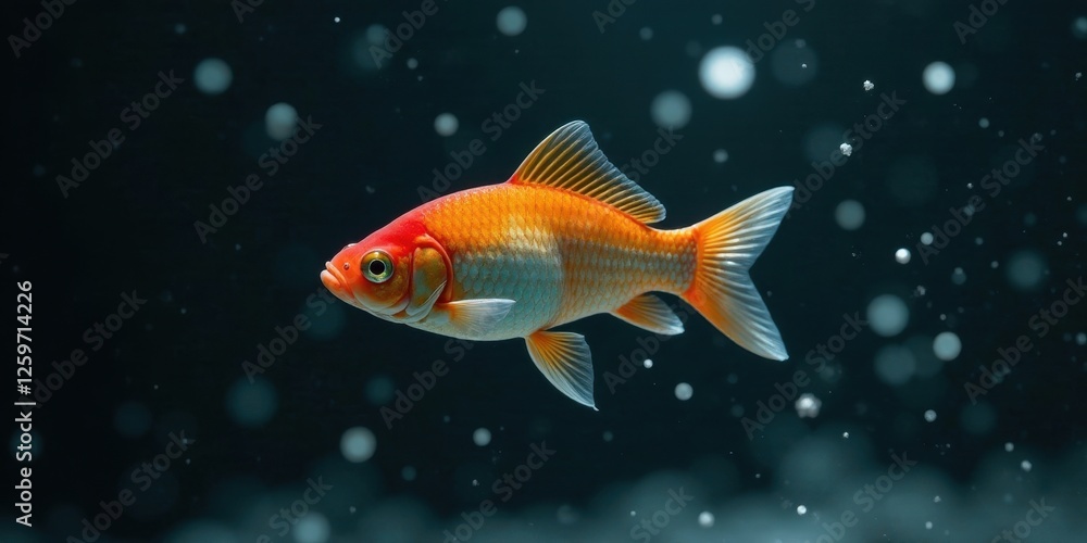 Fototapeta premium A vibrant orange goldfish gracefully swims through a dark aquatic environment, surrounded by a gentle flurry of tiny particles