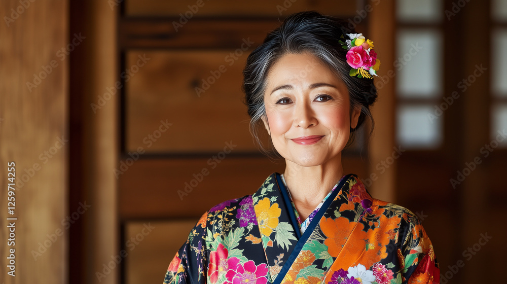 Traditional Japanese Elegance: A stunning woman in a brightly colored kimono smiles gently, her delicate floral hairpiece adding to her serene and graceful presence as she poses in Traditional Japanese Elegance: A stunning woman in a brightly colored kimono smiles gently, her delicate floral hairpiece adding to her serene and graceful presence as she poses in