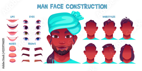 Man face construction set of cartoon dark skinned character wearing turban - mouth expressions, nose shapes, eye variants in different colors, eyebrow styles and hairstyle options on blank heads.