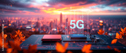 Modern City with 5G Wireless Network: Smart City and Communication Network Concept in multi color-Toned Urban Landscape.