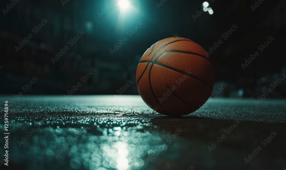 Close-up of a basketball on the court, dark background, spotlight effect, high contrast, high resolution Close-up of a basketball on the court, dark background, spotlight effect, high contrast, high resolution