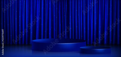 Dark blue podium stages on shimmering curtain backdrop with vertical folds and sparkles. Elegant platform display setting for product presentation or awards ceremony. 3d luxury stage with drapery.