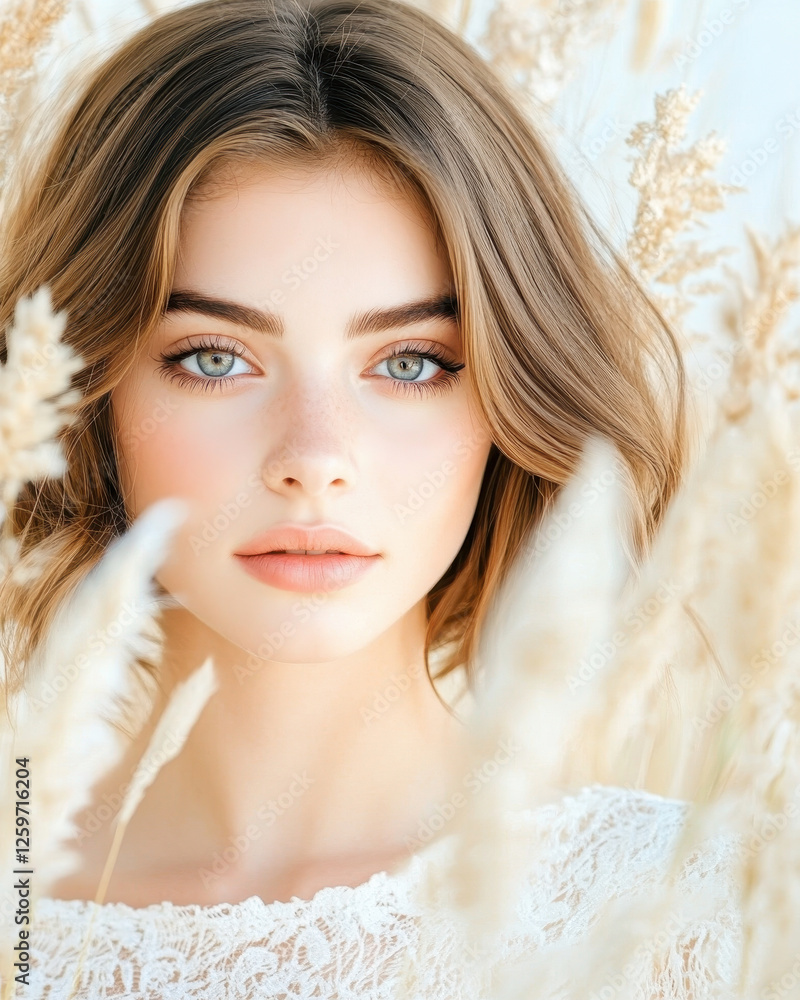 Beautiful Minimalistic Portrait of Woman Among Soft Natural Background Beautiful Minimalistic Portrait of Woman Among Soft Natural Background