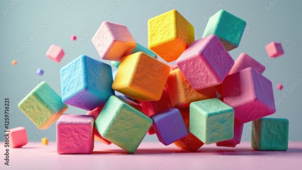 A vibrant cluster of pastel-hued cubes, playfully tumbling and overlapping, creates a dynamic and joyful visual composition on a soft pink surface. A vibrant cluster of pastel-hued cubes, playfully tumbling and overlapping, creates a dynamic and joyful visual composition on a soft pink surface.