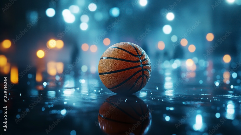 basketball in the center of the composition, on a dark background with lights and a bokeh effect, basketball in the center of the composition, on a dark background with lights and a bokeh effect,