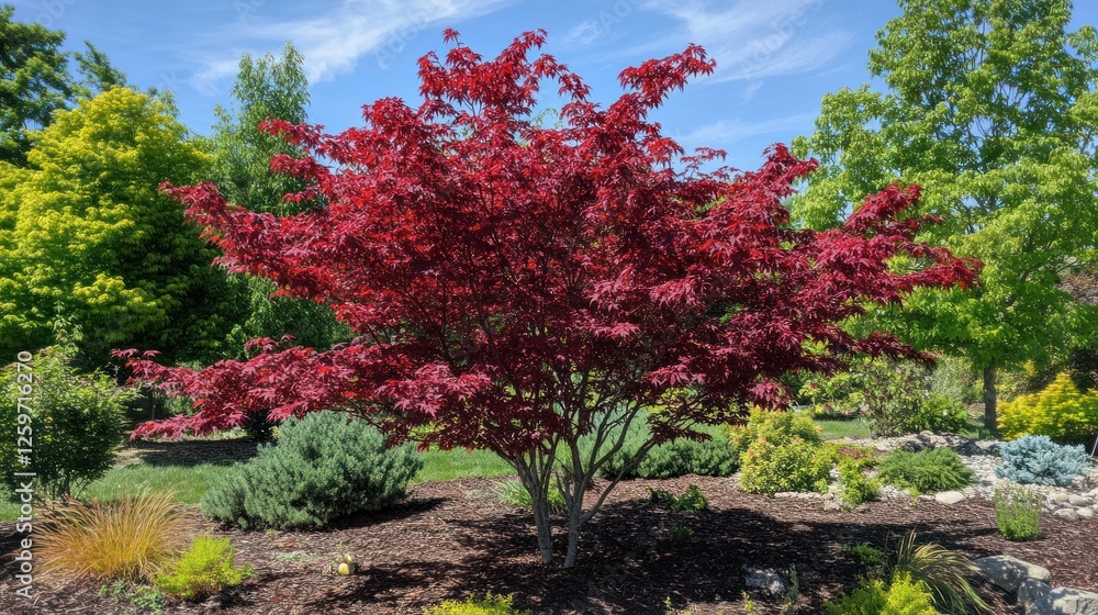 Naklejka premium A vibrant red maple tree surrounded by lush greenery in a garden setting.