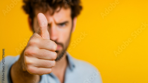 A dissatisfied guy makes a thumbs-down gesture to express his disapproval, his face showing clear signs of displeasure. The yellow background adds an energetic contrast to the nega photo