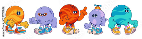 Groovy planet characters set isolated on white background. Contemporary vector cartoon illustration of happy sun, earth, mars, moon mascots smiling and walking, retro style comic space stickers