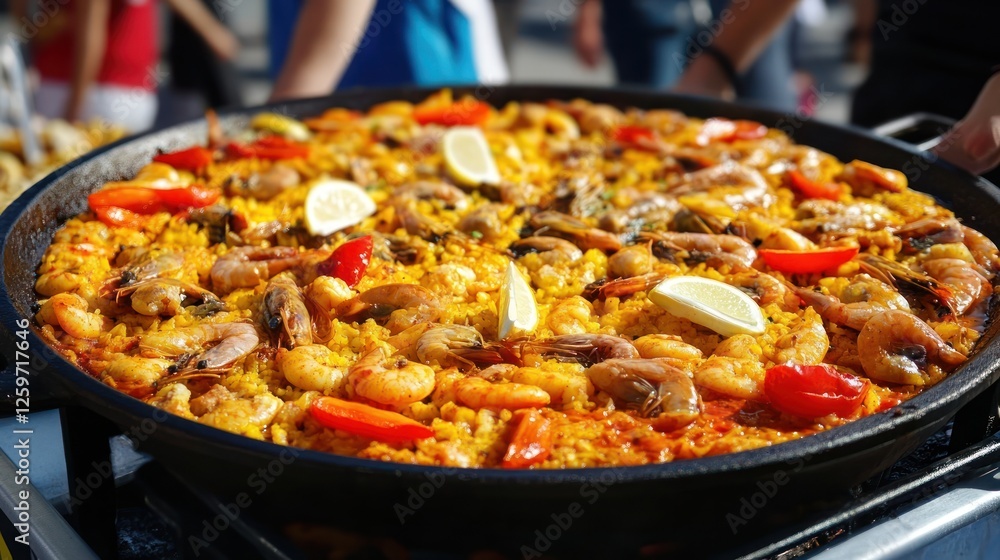 A vibrant seafood paella garnished with lemon and peppers, showcasing culinary art. A vibrant seafood paella garnished with lemon and peppers, showcasing culinary art.