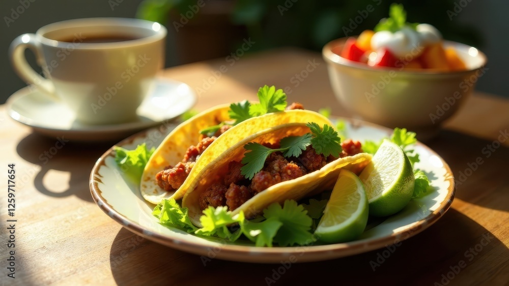 Savory Tacos with Cilantro Garnish, Served with a Side of Citrus and Coffee Savory Tacos with Cilantro Garnish, Served with a Side of Citrus and Coffee