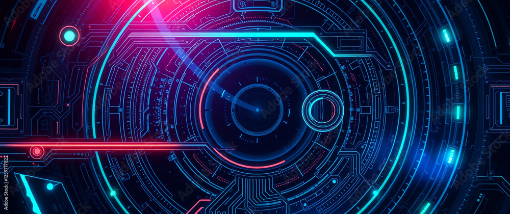 Fototapeta premium Futuristic abstract technology background featuring a glowing multi-colored neon tech circle with an empty center. Dynamic beams, moving binary code, and cube perspectives enhance the depth.