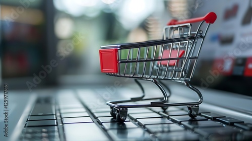 Wallpaper Mural small shopping cart rests on a laptop keyboard, symbolizing online shopping and e-commerce. Torontodigital.ca