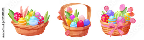 Easter baskets set isolated on white background. Vector cartoon illustration of wicker boxes with color eggs, flowers, bunny ears and ribbon bow decoration, traditional holiday sweets, greeting icons