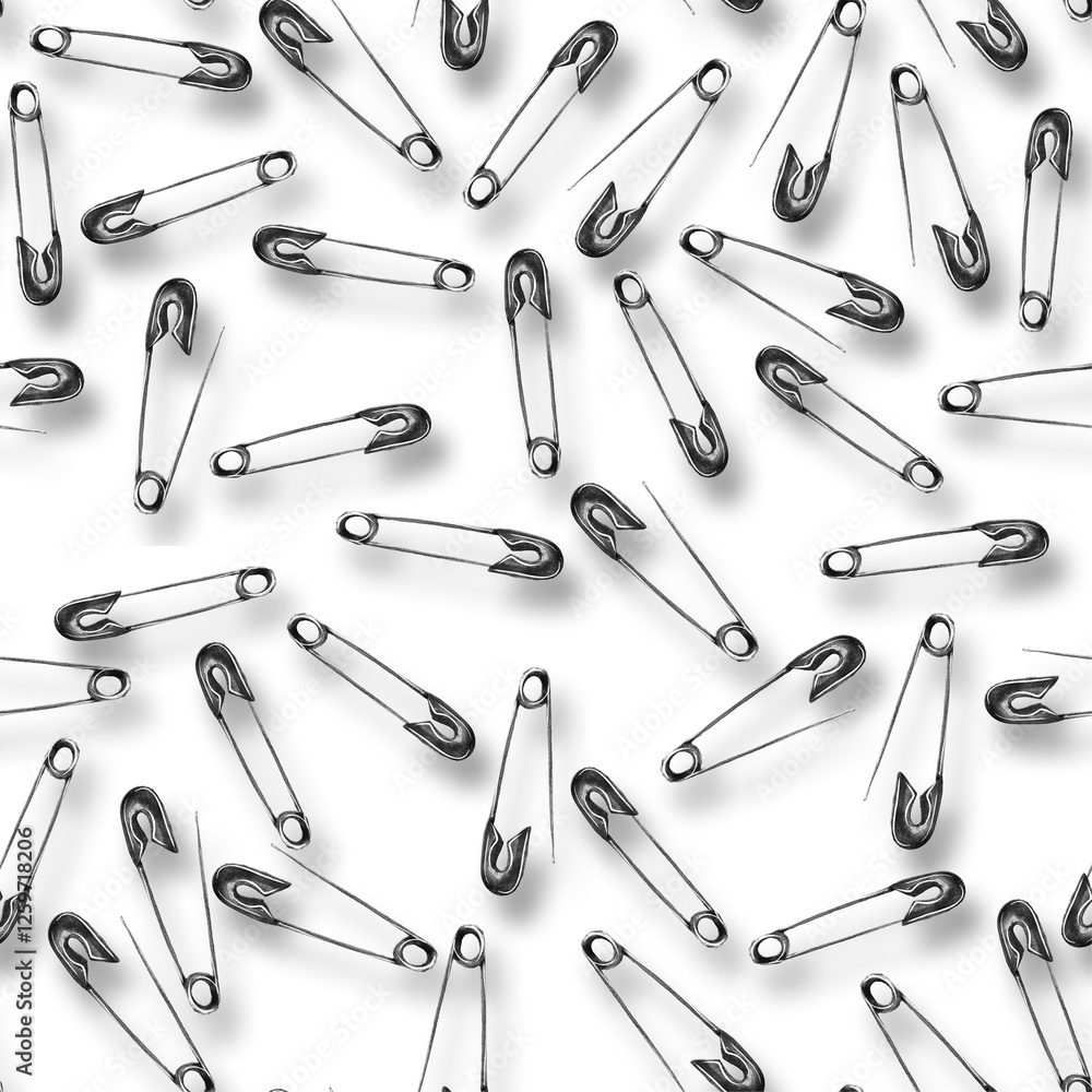 Abstract background pattern silver pins. Silver pins of different kinds on white background. Watercolor pattern. Abstract background pattern silver pins. Silver pins of different kinds on white background. Watercolor pattern.
