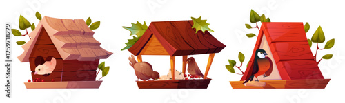 Cute birdhouses set isolated on white background. Vector cartoon illustration of small birds in wooden feeders eating berries, seeds, grain and crumbs, human love and care for wildlife, park nature