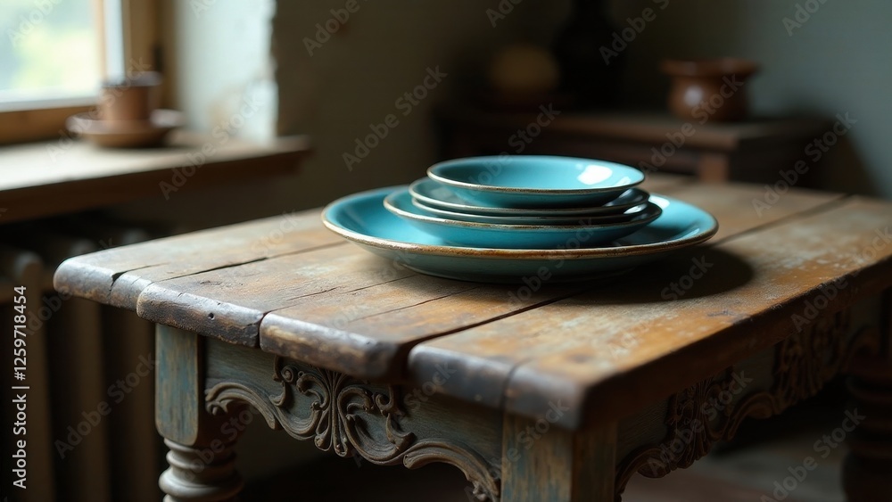 Obraz premium Rustic wooden table with a stack of teal ceramic plates and bowls
