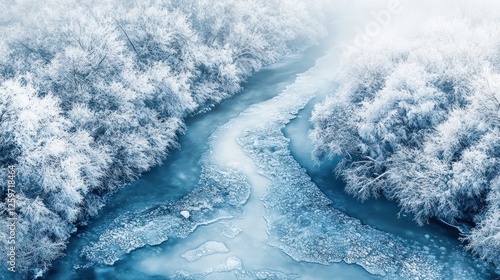 Frozen river winding through snow-covered forest, aerial view; winter landscape photo