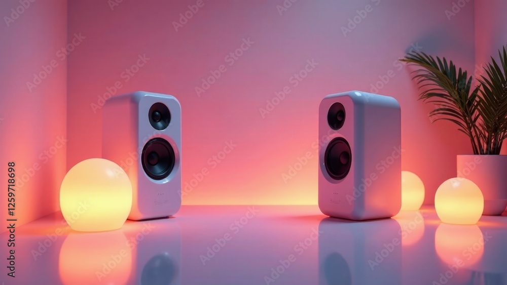 Stylish modern audio speakers in a vibrant room setting with ambient lighting Stylish modern audio speakers in a vibrant room setting with ambient lighting