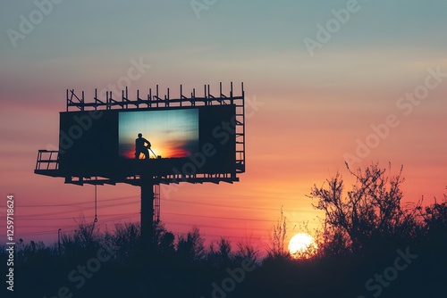 Sunset billboard displays man silhouette, rural scene photo