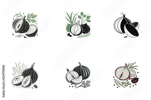 Monochrome and Colored Garlic Sketches  Vector Set
