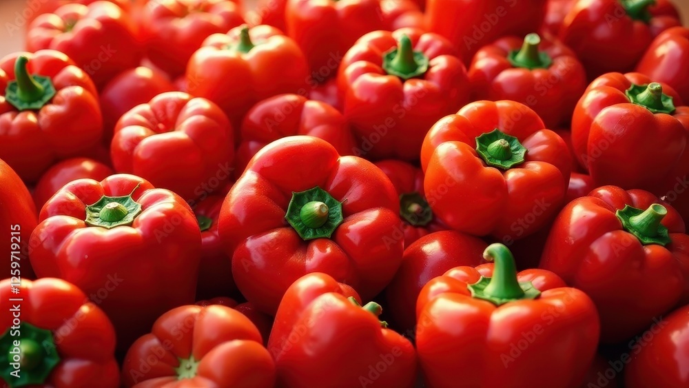 A vibrant collection of ripe, red bell peppers, showcasing their smooth skin and glossy texture, abundant harvest, close-up view A vibrant collection of ripe, red bell peppers, showcasing their smooth skin and glossy texture, abundant harvest, close-up view