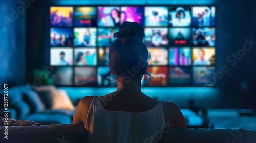 Wallpaper Mural woman relaxes at home, watching a variety of shows on her large screen TV at night Torontodigital.ca