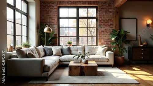 Wallpaper Mural Modern Sectional Sofa in a Sunlit Loft Apartment with Exposed Brick Walls and Large Windows Torontodigital.ca