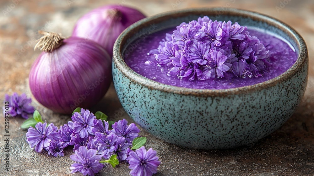 Purple onion soup with edible flowers Purple onion soup with edible flowers