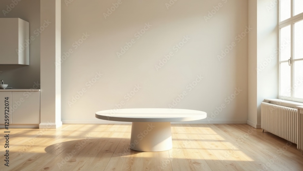 Fototapeta premium Minimalist Interior Design Sunlit Room with Modern Round Table and Light Wood Flooring