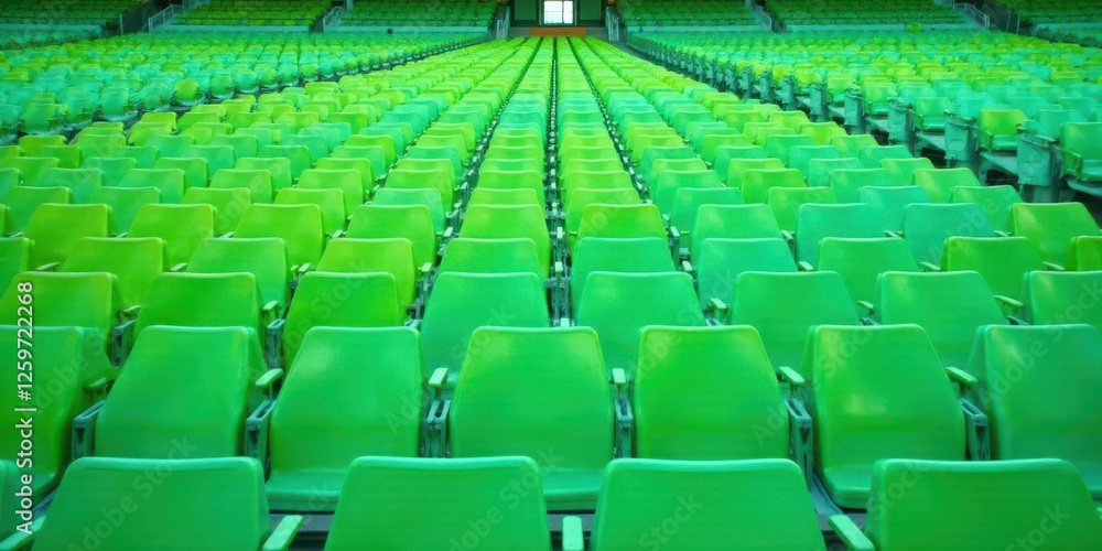 Fototapeta premium A vast expanse of vibrant green stadium seats, arranged in perfect rows, stretching towards a distant point, creating a captivating perspective of uniformity and anticipation.