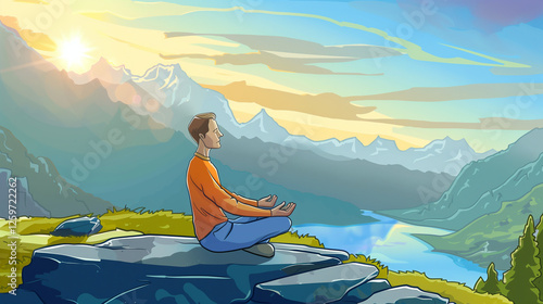 practices yoga in the mountains, finding freedom in nature's serene landscape photo