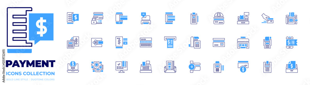 Payment icon collection. Bold line style. Duotone colors. online payment, cashier machine, point of service, cash machine, money, invoice Payment icon collection. Bold line style. Duotone colors. online payment, cashier machine, point of service, cash machine, money, invoice