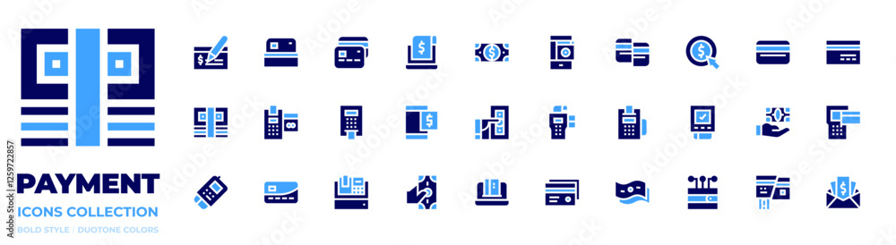 Payment icon collection. Bold style. Duotone colors. check, bills, credit card, atm, point of sale, receipt, dataphone, pay, cash register, pay day Payment icon collection. Bold style. Duotone colors. check, bills, credit card, atm, point of sale, receipt, dataphone, pay, cash register, pay day