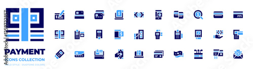 Payment icon collection. Bold style. Duotone colors. check, bills, credit card, atm, point of sale, receipt, dataphone, pay, cash register, pay day