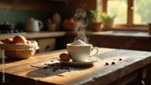 Wallpaper Mural Warm kitchen sunlight illuminates a rustic wooden table, showcasing a steaming cup filled with flour, accompanied by eggs and coffee beans, creating a scene of cozy baking preparation. Torontodigital.ca