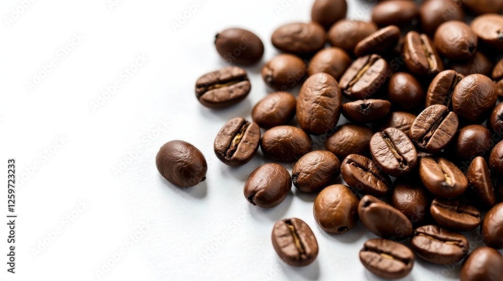 Roasted Coffee Beans Scattered on White Surface A Close-Up View of Aromatic, Dark Brown Beans